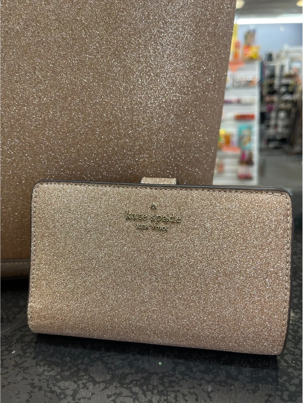 Kate Spade New York Rose Gold Glitter Tote Bag and Wallet Set